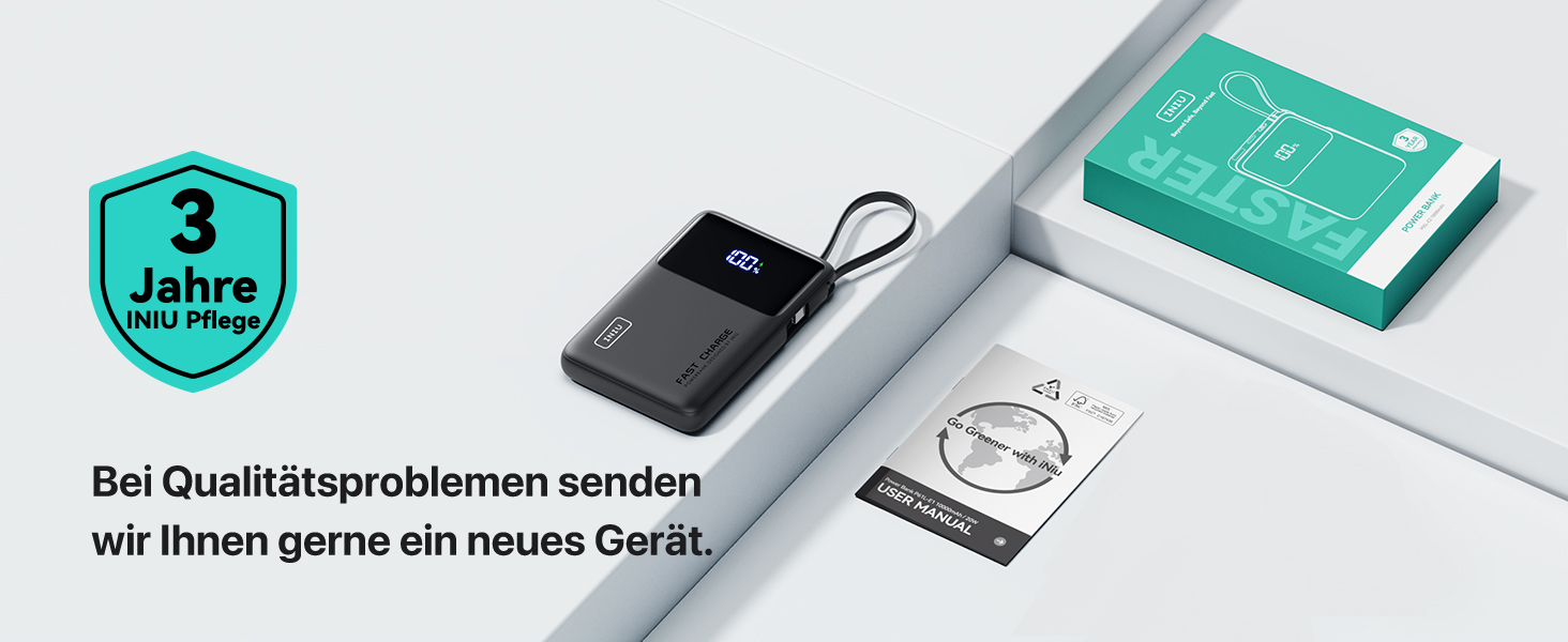 Повербанк INIU 45W 10000mAh з вбудованим кабелем USB-C, швидка зарядка для iPhone 16 17 Pro, Samsung S22, Xiaomi, iPad, чорний