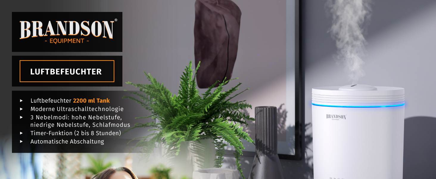Зволожувач повітря Brandson з пультом керування, 2.2 л, LED-підсвітка, таймер, тиха робота, LED-індикатори, для вітальні, дитячої кімнати, спальні