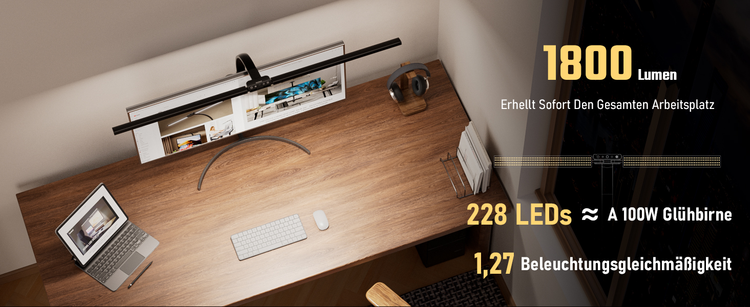 LED лампа для столу Jeebel 24W з двома головками, диммування, 1800LM, 80см, пульт ДК, 10 кольорів, 10 рівнів яскравості, для офісу