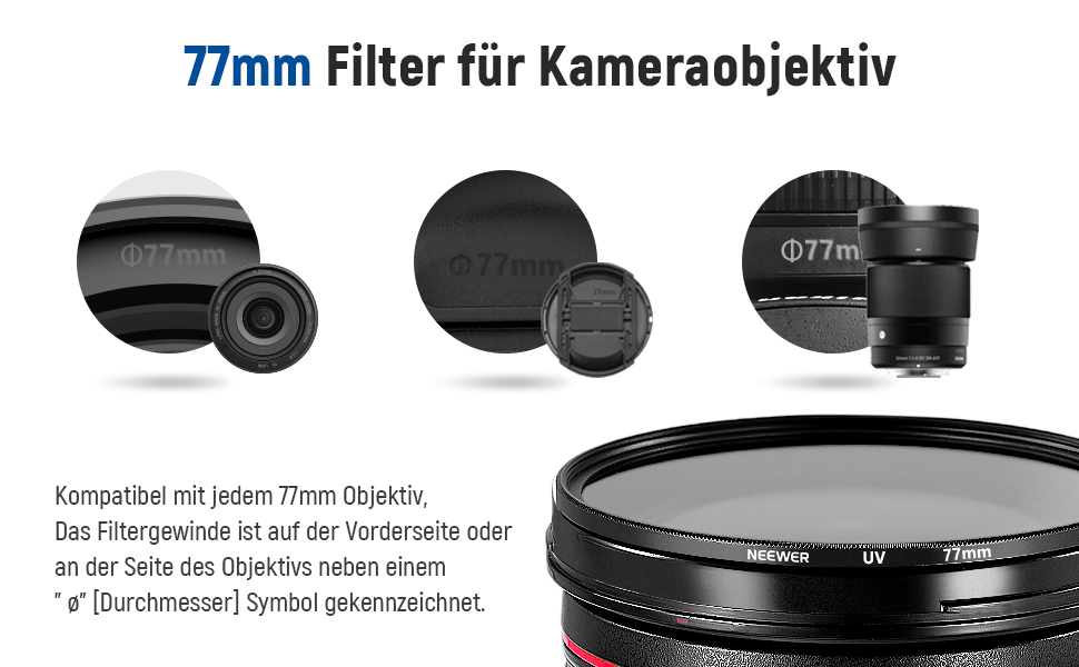 Набір фільтрів NEEWER 77mm: UV, CPL, FLD, ND2, ND4, ND8, бленда та кришка об'єктива. Сумісний з Canon, Nikon, Sony, Panasonic DSLR камерами