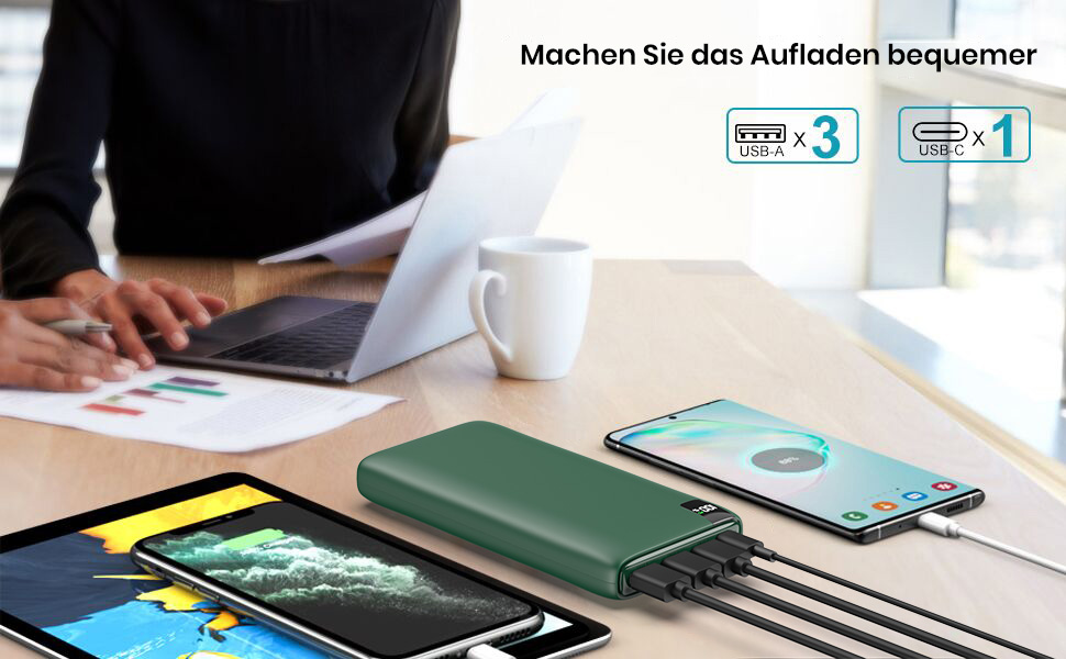 Power Bank Riapow 26800mAh: Швидка зарядка USB-C, 4 порти, LED-дисплей, для смартфонів та планшетів (зелений)