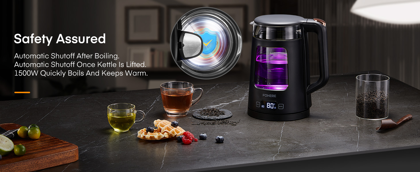 Electric Kettle with Temperature Control - 1.7L Glass Kettle with Keep Warm Function, 2200W Fast Boil, Auto Shut-Off & Dry Boil Protection, 5 Color LED Lights - Black