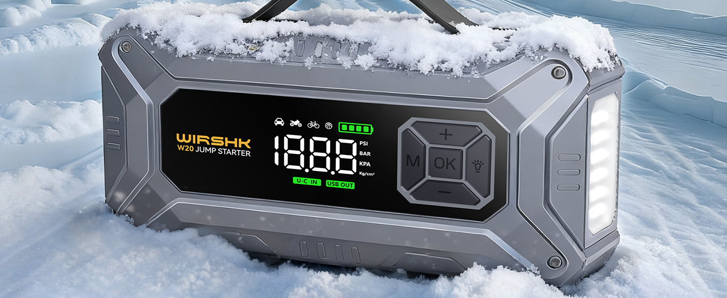 Портативний пусковий пристрій 8000A з повітряним компресором 160 PSI для бензинових та дизельних двигунів (до 10 л), з дисплеєм та аварійною світлодіодною лампою