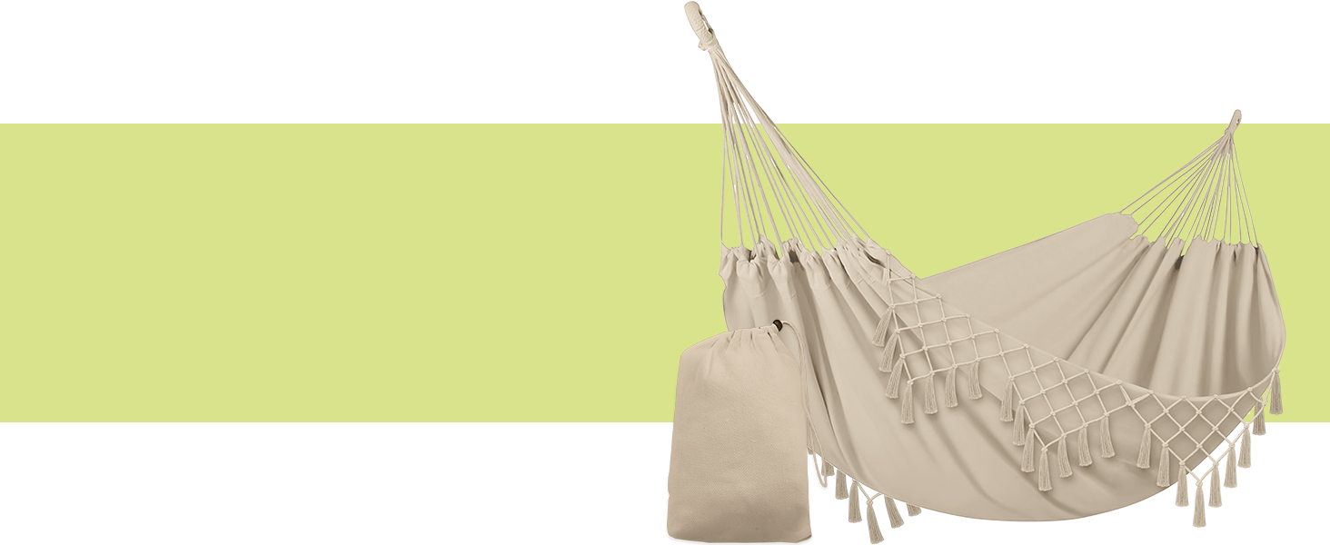 Гамак KRUMAD 260 см, до 250 кг, вологостійкий, бавовна-поліестер, для саду, балкону, кемпінгу, з дерев'яними розпірками та сумкою (Бежевий, 150x200 см)