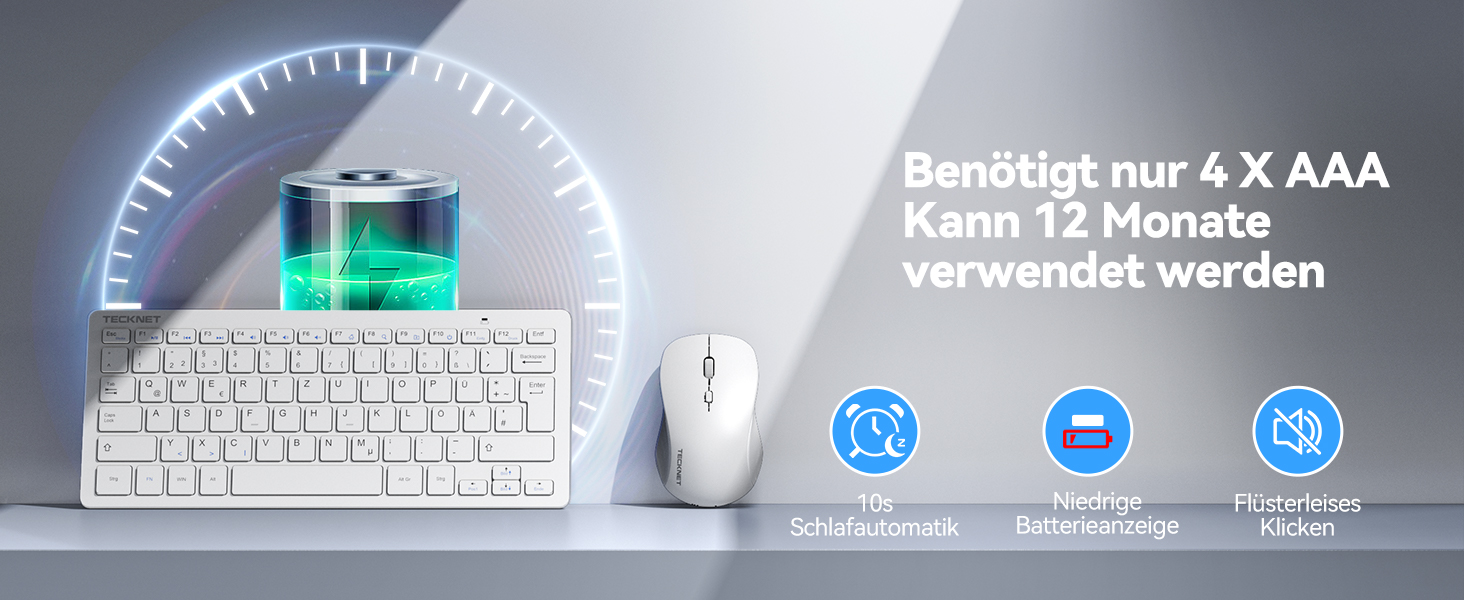 TECKNET Бездротовий комплект клавіатури та миші, QWERTZ, 2.4 GHz, 15м, тиха клавіатура та миша для ПК, ноутбука, Smart TV, білий