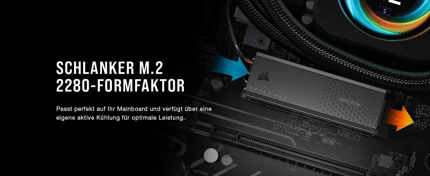 SSD Corsair MP700 PRO 2TB M.2 PCIe Gen5 x4 NVMe 2.0 - Швидкість до 11700 MB/s, TLC NAND, з кулером, чорний