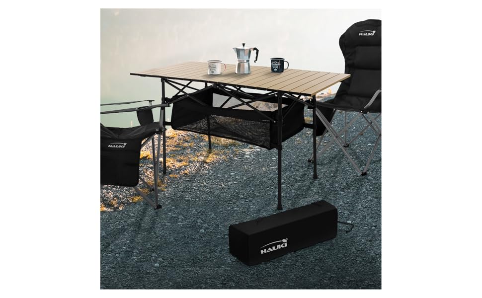 Стіл для кемпінгу Hauki, розкладний, коричневий, 118 x 55 x 64,5 см, алюмінієвий, з рулоючою стільницею, для відпочинку на природі, саду, балкону, подорожей, ринку, з сумкою (Бежевий (світле дерево))