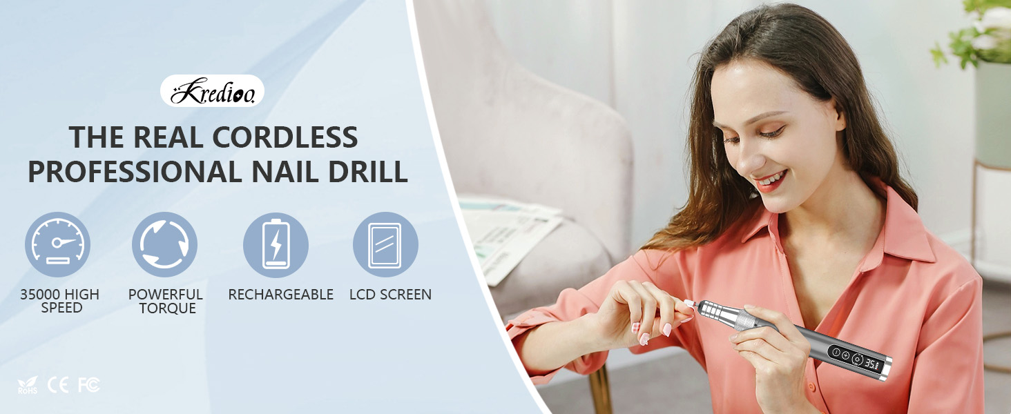 Електрична машинка для манікюру та педикюру Kredioo бездротова, 35000 об/хв з 6 насадками для видалення кутикули, шкарлагу, акрилу та гелю