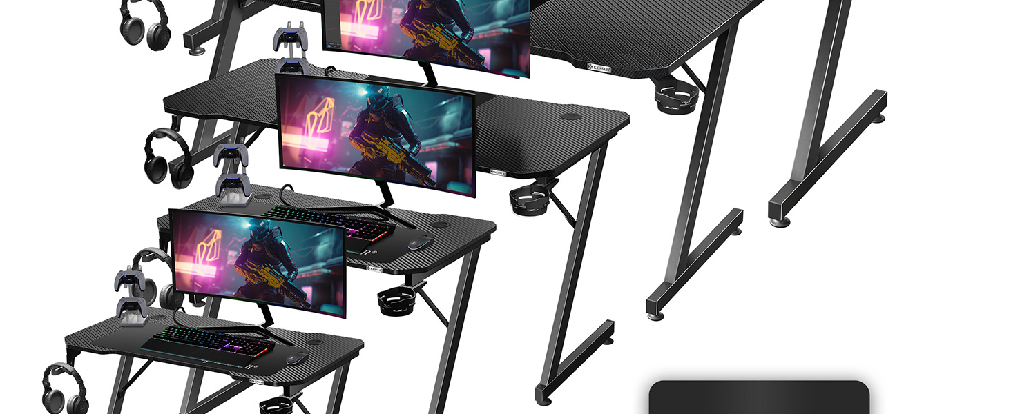 Ігровий стіл KESSER Gaming 120x60 см, Z-подібний ергономічний комп'ютерний стіл з карбоновим покриттям, підставкою для напоїв та гачком для навушників, чорний
