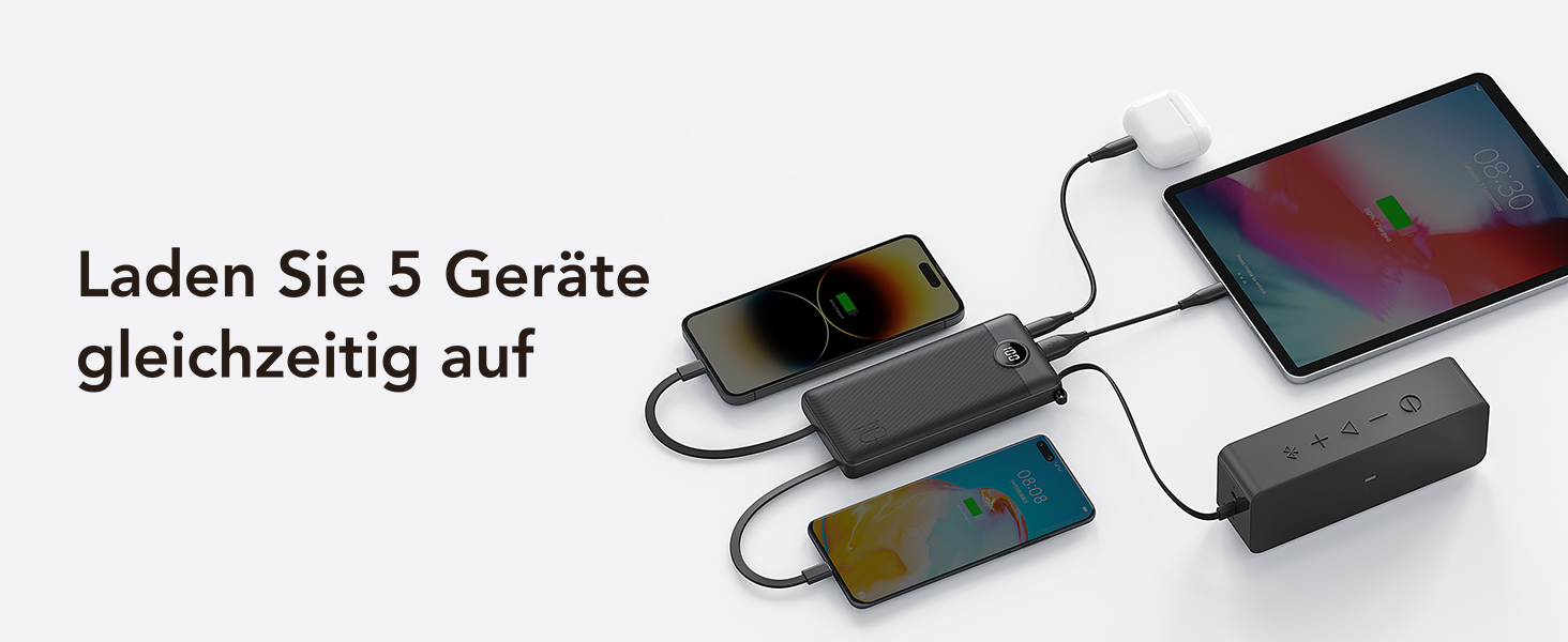 Power Bank VRURC 10000mAh з 4 кабелями, портативний акумулятор USB-C для iPhone/Huawei/Samsung, LED-дисплей, 5 виходів, чорний