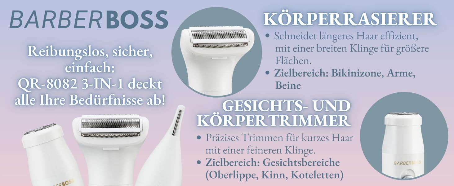 Електричний тример для тіла BarberBoss 3-в-1 QR-8082: для обличчя, ніг, рук та зони бікіні