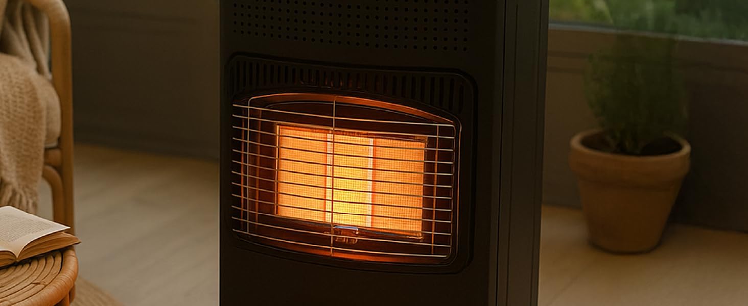 Газовий обігрівач Juskys® GS42US - 4200 Вт, чорний колір, з регулятором тиску та шлангом. Мобільний, ефективний та енергозберігаючий газовий нагрівач, газовий камін, газове обладнання