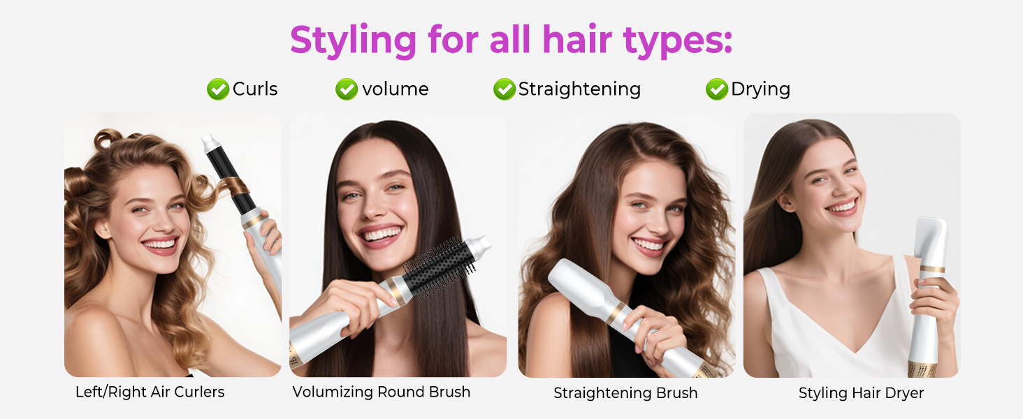 Мультистайлер для волосся 5 в 1 з термощіткою, фен-щіткою, круглою щіткою, плойкою та випрямлячем. Потужність 1000 Вт, 3 температурні режими. Ідеально для об'єму, випрямлення, локонів та сушіння. Білий (білий, рожевий)