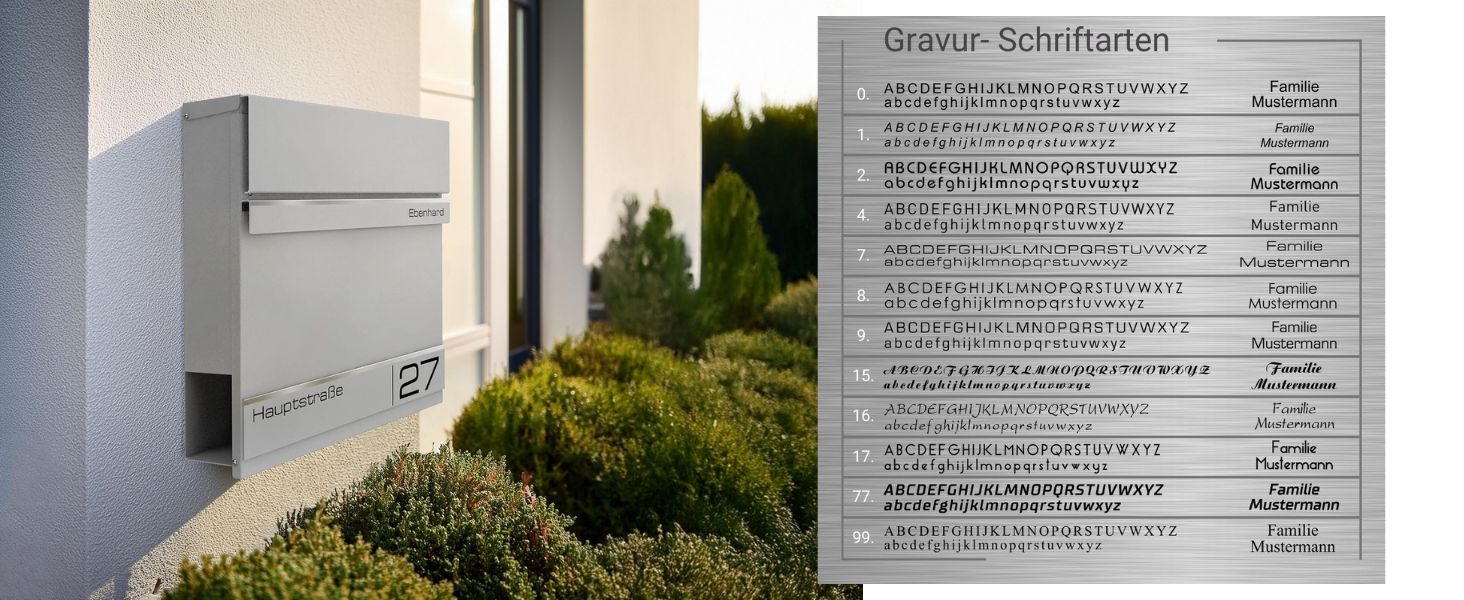 Поштова скринька Metzler Anthrazit RAL 7016 з газетницею та номером будинку, гравіювання імені лазером - сучасний вуличний поштовий ящик з табличкою, водонепроникний та стійкий до іржі | Модель Hermann (Ral9007 Graualuminium)