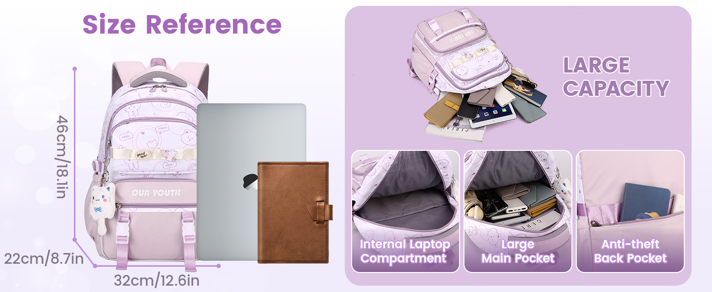 Дитячий рюкзак IvyH для дівчаток: водонепроникний, велика місткість, 2-6 клас, для школи, гімназії, університету, фіолетовий