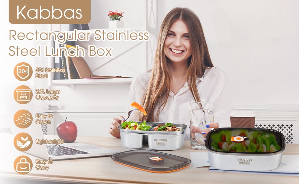 Набір ланч-боксів Kabbas Premium (2 шт.), 1.2L+1.7L, нержавіюча сталь 304, з відділеннями, не протікають, для дорослих та підлітків, легкі, ідеальні для школи, офісу, відпочинку на природі