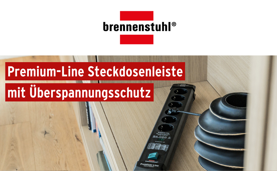 Брененштуль Steckdosenleiste Premium-Line: Розподільник розеток 6-фазний з захистом від перенапруги до 60000A, з вимикачем, 3м кабель, 2x USB 3.10A, для монтажу на стіну, Made in Germany, чорний, захист від витоку струму 60000A