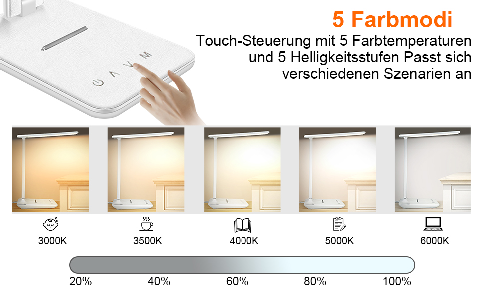 Стійка лампа Jumoking LED з регулюванням яскравості та захистом очей, USB-порт, сенсорне керування, 5 кольорів та 5 рівнів яскравості, для дітей, спальні, читання, офісу (біла)