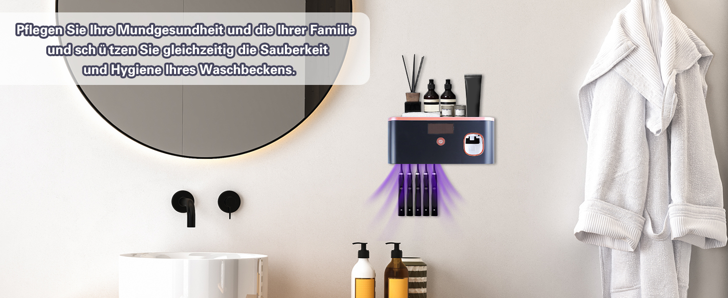 Електричний тримач зубних щіток з дозатором пасти, UV-дезінфекція, настінний, 2 способи зарядки (золотий/чорний)