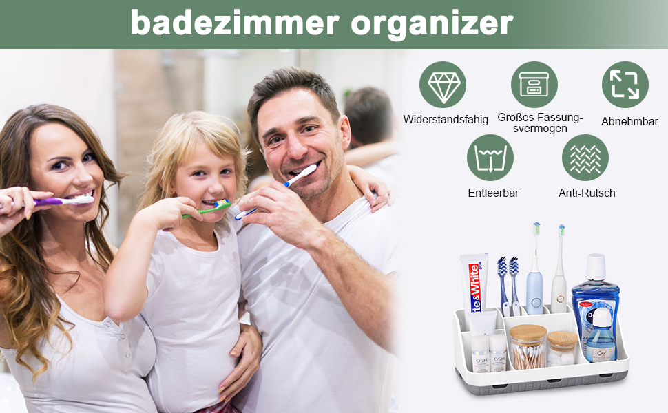 Тримач для зубних щіток у ванну кімнату: органайзер для електричної та звичайної зубної щітки, дозатор пасти, 7 відділень, білий