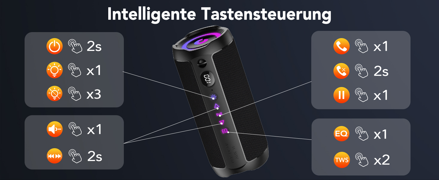 Портативна Bluetooth колонка COIOC з підсвіткою, 30W, IPX7, 30 годин, AUX, TF карта - Чорна