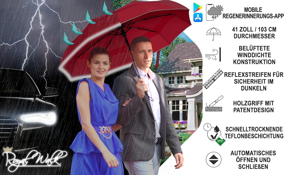 Чоловіча та жіноча парасолька Royal Walk: штормостійка, автоматична, з дерев'яною ручкою, штормовий парасолька, штормовий парасолька, дзеркальна блакитна