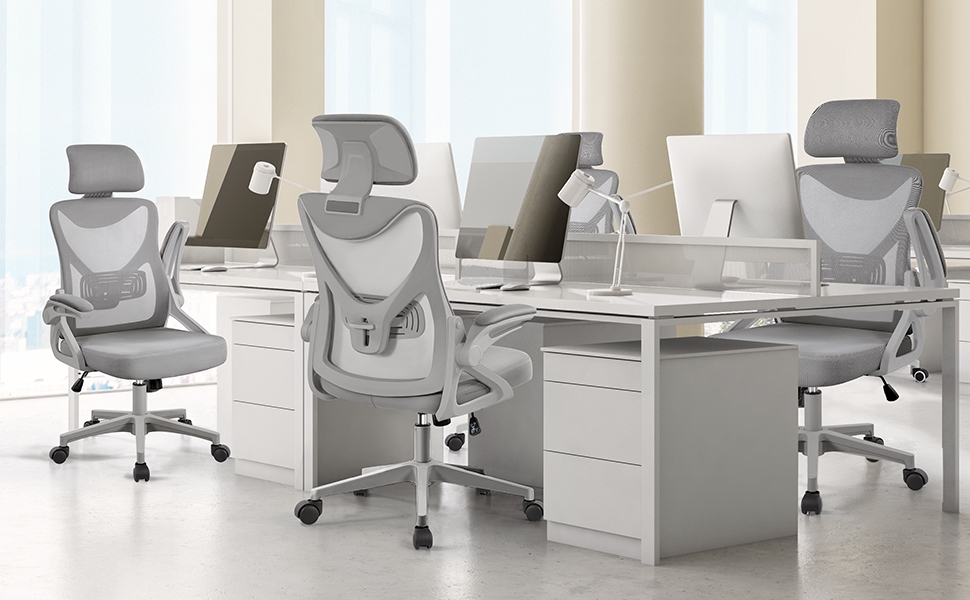 Ергономічне крісло Yaheetech для офісу з підйомними підлокітниками, регульованою підголівником та функцією гойдання, до 136 кг, сіре