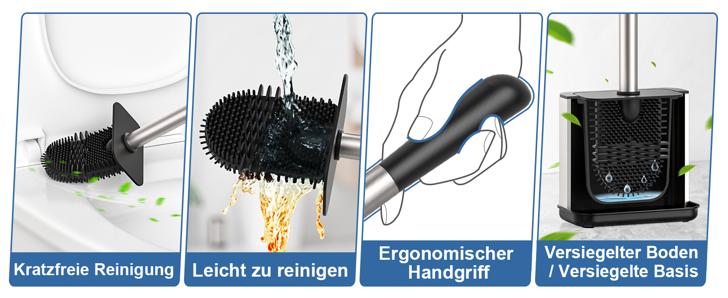 Набір для чищення унітазу FUNPALA з нержавіючої сталі та силікону, 2 насадки, тримач, сріблястий