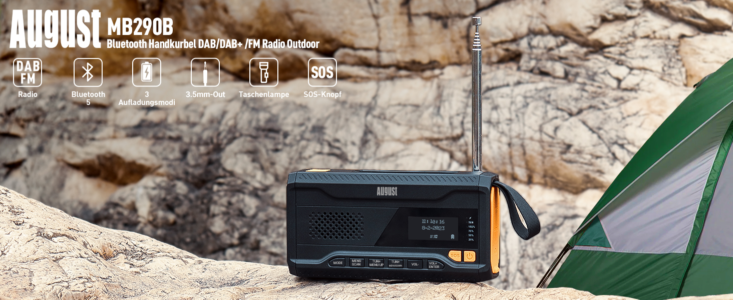 Радіо August MB290B з ручним приводом: DAB/FM/Bluetooth, сонячна панель, Powerbank 4500mAh, LED ліхтарик, таймер сну, SOS-сигнал, радіо для кемпінгу, походів та надзвичайних ситуацій