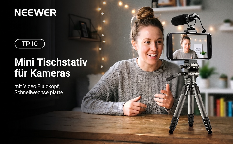 Міні-штатив NEEWER з карбонового волокна (TP10) для DSLR камери, смартфона та відеокамери, з кулястою головою 360°, тримачем для телефону та пультом керування, компактний дорожній штатив