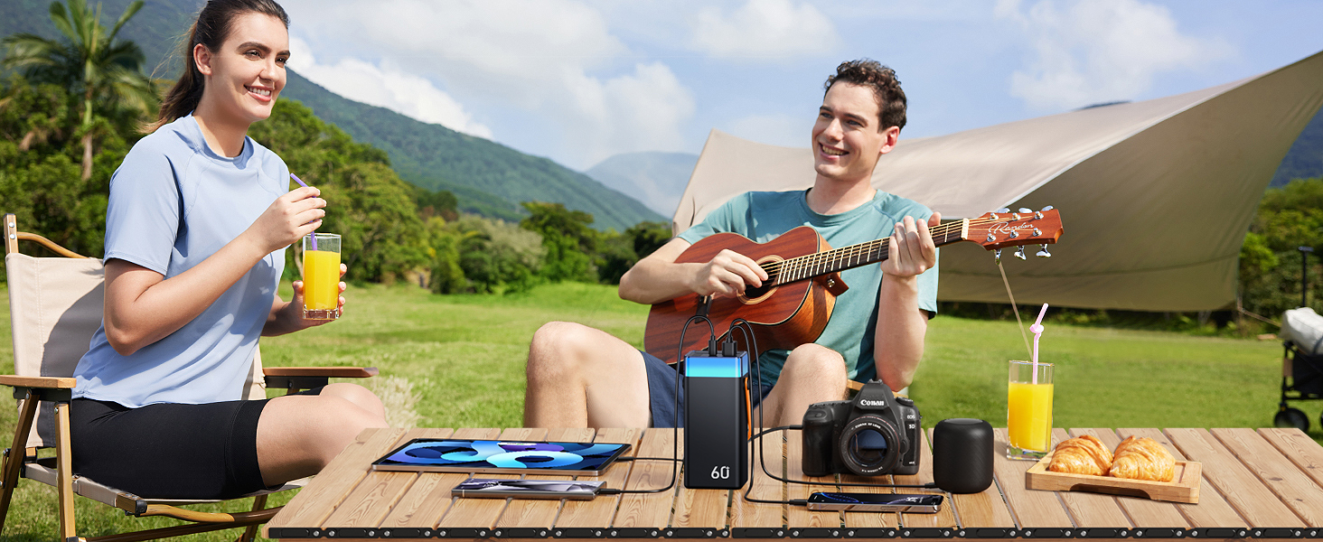 Power Bank 60000mAh 22.5W USB-C: Зовнішній акумулятор з LED-дисплеєм, 3 кабелями, 5 портами, для iPhone, Samsung, Android (Помаранчевий)