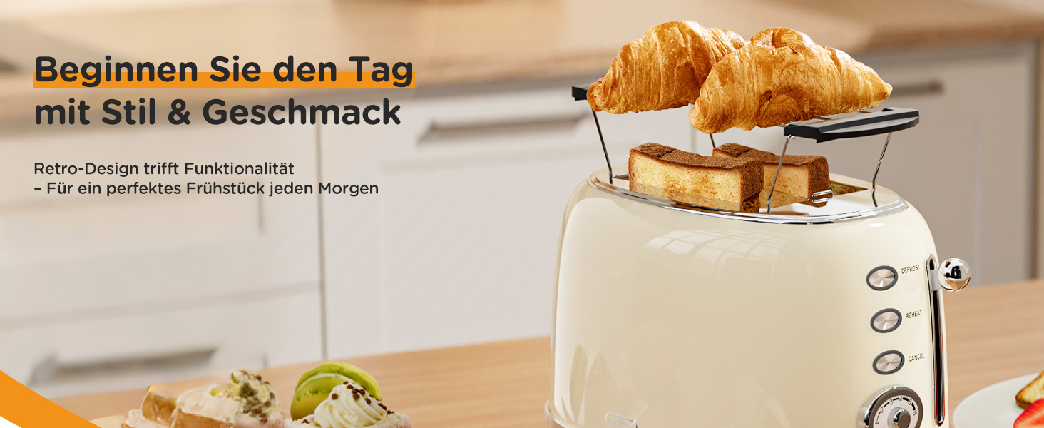 Ретро тостер на 2 тости з нержавіючої сталі – з підставою для булочок, 6 рівнів підсмажування, функція підігріву та розморожування, автовимкнення, кремовий колір, ідеальний для сендвічів та тостів – TS-R008