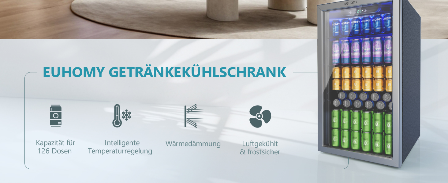 Міні-холодильник EUHOMY на 90 літрів з скляною дверцятами для напоїв (126 банок)