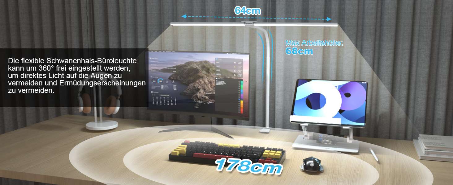 LED лампа настільна для офісу та дому, світло для монітора, 1400 люмен, регульована яскравість, кріплення-прищіпка, світло для робочого місця, гнусий шийка, подвійний насадка, 5 режимів кольору та рівнів яскравості, білий колір, 64 см