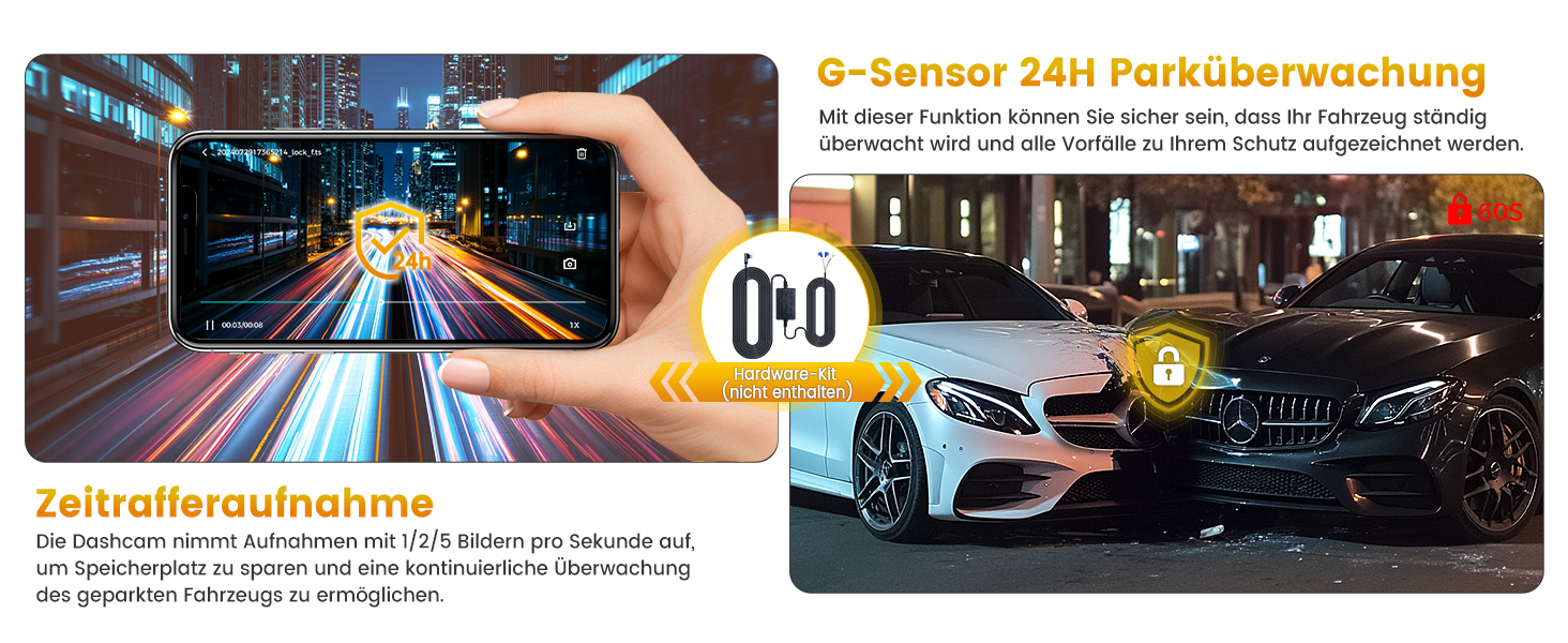 Відеореєстратор GKU 4K Auto з Wi-Fi, 170° кут огляду, Нічне бачення, WDR, 24H паркування, G-сенсор, в комплекті SD-карта 64GB, Чорний