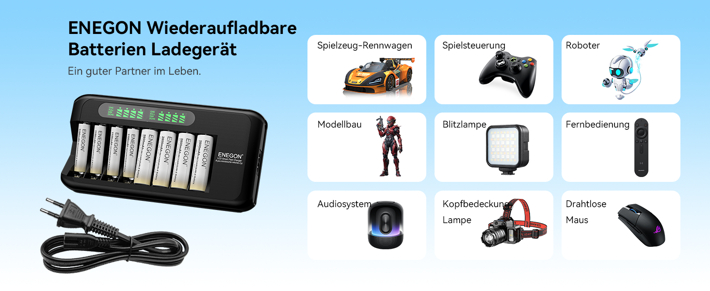 Зарядний пристрій ENEGON для акумуляторів NI-MH/NI-CD з LCD-дисплеєм, 8 слотів, AA/AAA