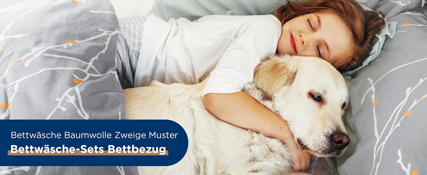 BEDSURE Комплект постільної білизни 135x200, бавовна, 4-х частинний, сірий/бежевий/помаранчевий. Комплект постільної білизни з ковдрою та двома наволочками 80x80 см, з принтом гілок, на блискавці, ÖKO-TEX, комплект постільної білизни