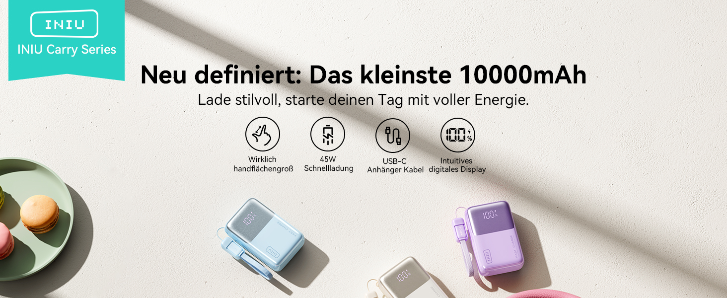 Power Bank INIU 45W 10000mAh з USB-C кабелем: заряд для ноутбука, iPhone, Samsung, MacBook, iPad та інших пристроїв (фіолетовий)