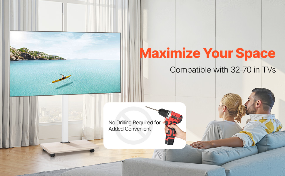 Підставка для телевізора VEVOR на колесах, телевізійна візок для телевізорів 81-178 см (812,8-1778 мм), до 45 кг, поворот 25° вліво/вправо, регульована по висоті, з полицею для кута спальні/вітальні (макс. 600 x 400 мм)