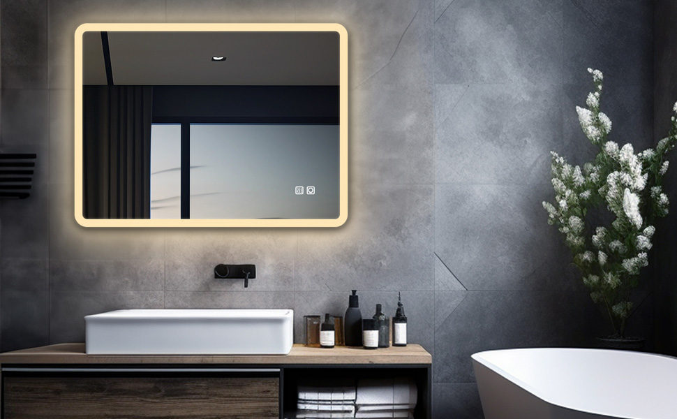 MIQU LED дзеркало для ванної кімнати з підсвічуванням 60x50 см, велике дзеркало для ванної кімнати з сенсорним регулюванням, антизапар, 3 кольори світла, для ванної, туалету, коридору