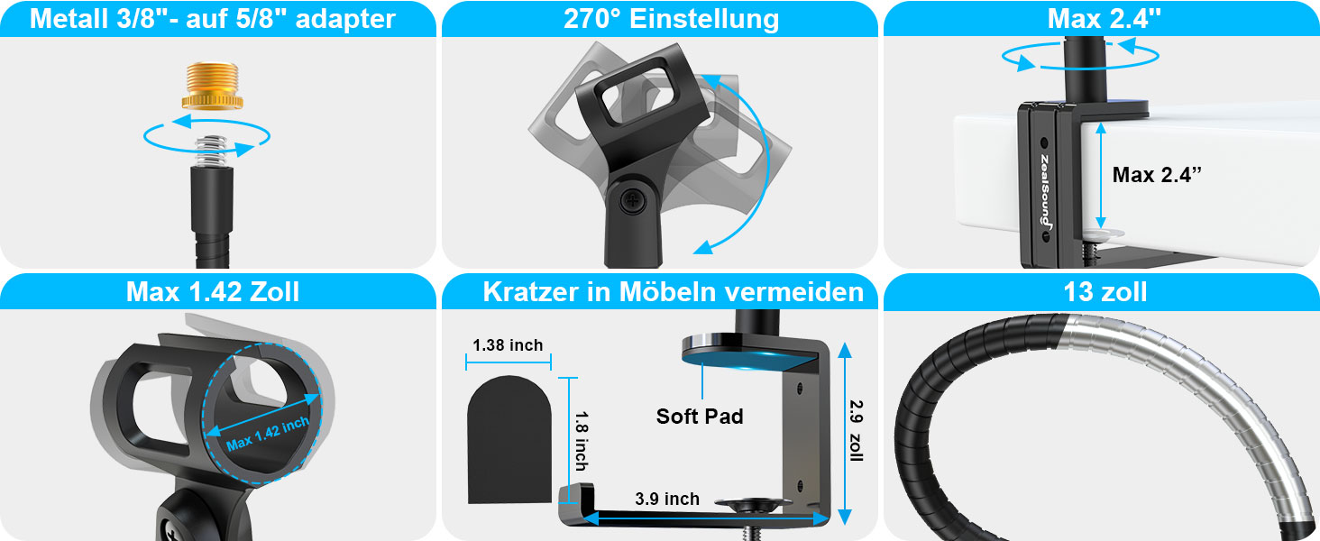 Кріплення для мікрофону Zealsound: регульований штатив-ластик з кріпленням, адаптер 3/8' - 5/8', міцна клямка для столу, сумісний з Blue Snowball, Ice, Spark, SoloCast, 13 дюймів