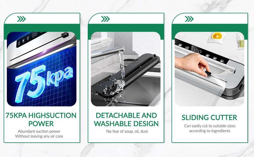 Професійний вакуумний пакувальник 6-в-1 для продуктів харчування з 50 пакетами та шлангом, 75Kpa, автоматичне закриття з різаком та цифровим таймером