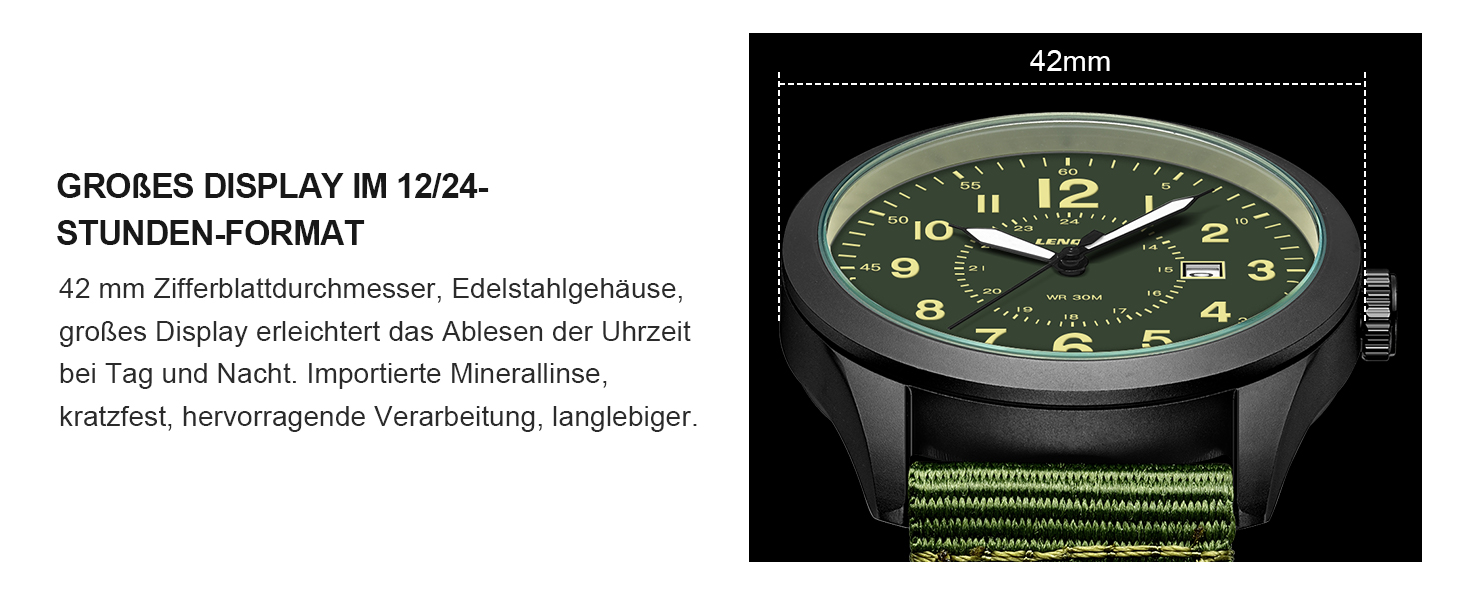 Годинник чоловічий LN LENQIN Military 30M водонепроникні годинники з датою, кварцові, тактичні, з нейлоновим ремінцем (зелено-чорний)