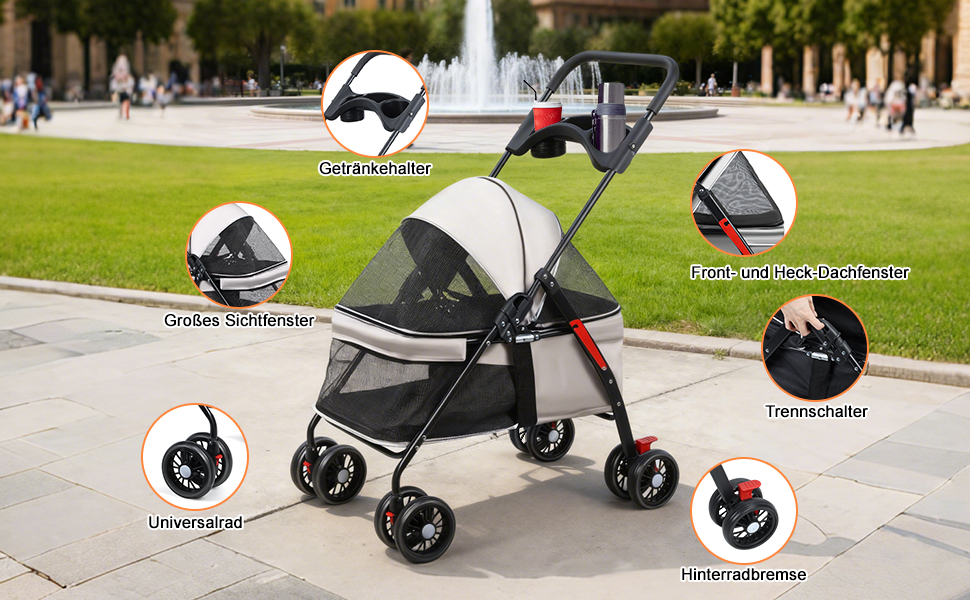 Візок для собак 2в1 до 15 кг, бугі для собак з тримачами для напоїв, переноска для собак, складна, з гальмом, візок-болер для собак, 48x68x95 см (Чорний)