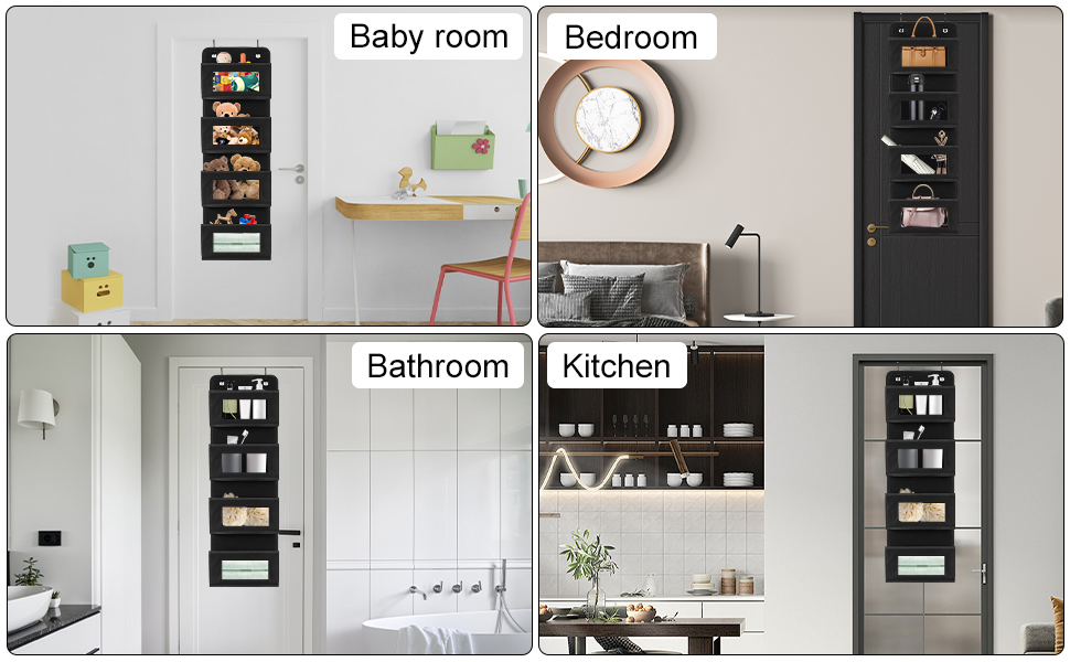 Настінна вішалка-органайзер на двері з 4 великими кишенями та прозорим вікном, 2 металеві гачки, чорний колір, для спальні, офісу, дитячої кімнати