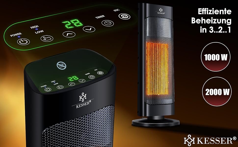 Обігрівач KESSER® 2000W з пультом керування, керамічний, тихий, з осциляцією, таймером, чорний