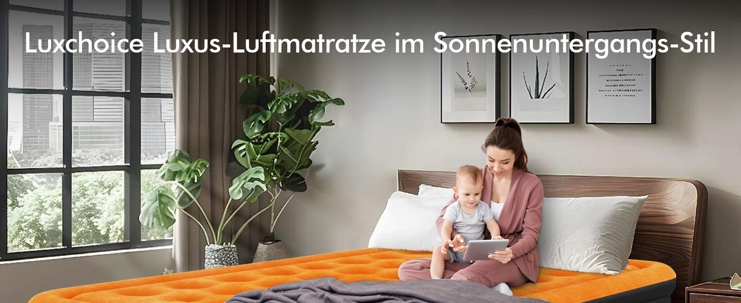 Надувне ліжко самонадувна, 1 місце, з електричним насосом, преміум якість, для кемпінгу та дому, темно-помаранчевий колір