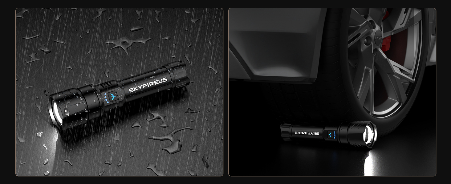 Ліхтар налобний LED Skyfire 900000 Люмен з лінзою для розпалювання вогню, USB, 4 режими яскравості, Zoom, для кемпінгу, надзвичайних ситуацій та походів, чорний