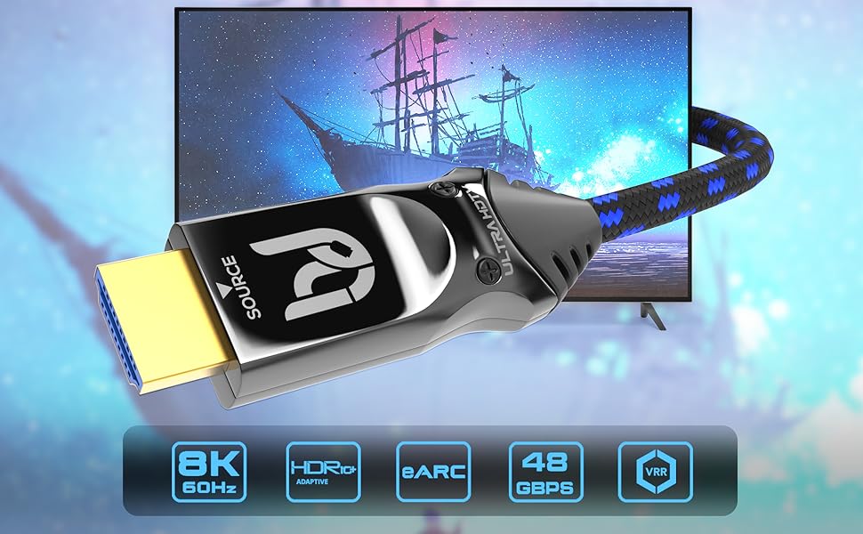 HDMI кабель 8K Ultra HD 5 метрів - Висока швидкість 2.1, 48 Gbps, підтримка 8K@60Hz, 4K@120Hz, DTS:X, HDCP 2.2/2.3, HDR10+, eARC, Premium