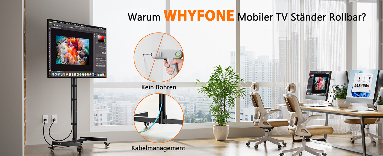 Підставка для телевізора WHYFONE на коліщатках, поворотна 180°, для телевізорів та моніторів 17-50 дюймів, мобільна, регульована висота, VESA до 300x300 мм, до 30 кг